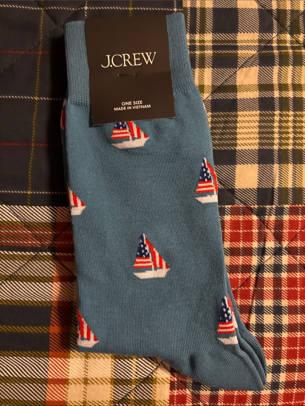 J.Crew Blue Socks with Red, White & Navy Sailboat Motif